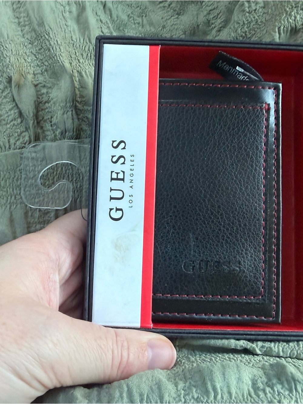 GUESS Black Leather Card & Key Holder with Red Stitching